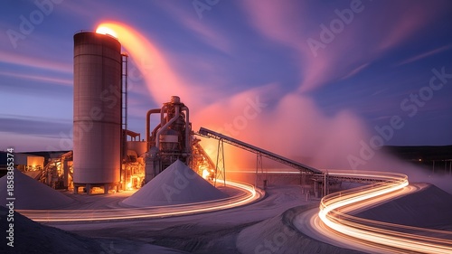 Night View of a Massive Cement Plant with Glowing Rotary Kiln, Light Trails on Conveyors, and Purple Dust Clouds at Twilight