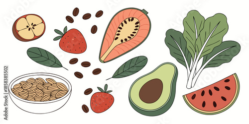 Healthy Vegan Food Ingredients  Flat Vector  White (11) Vector Illustration