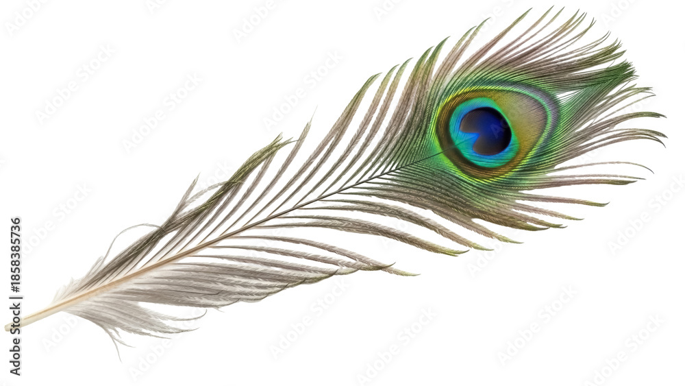 Obraz premium Isolated Peacock Feather on Display, Exotic Bird Detail, Decorative and Ornamental Object