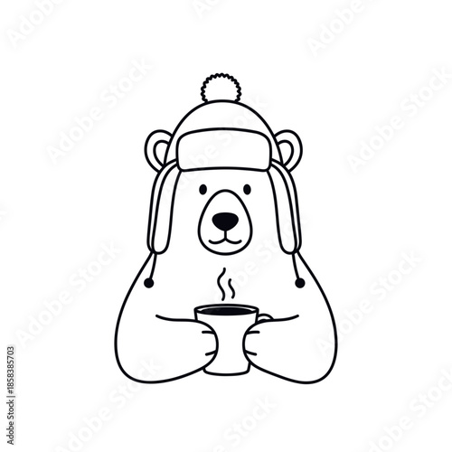 Minimalist black outline vector icon of a bear holding a cup, isolated on a transparent background