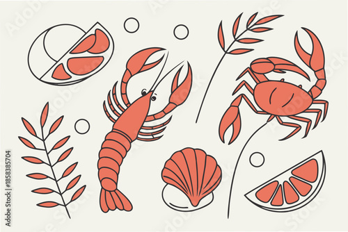 Seafood Flat Lay Composition  Minimal Vector  Isol (8) Vector Illustration
