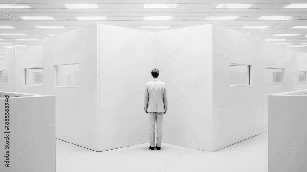 Fototapeta premium A suited man stands at a geometric intersection of walls with cosmic skies visible through surrounding cubicle windows,