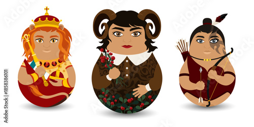 Tilting Toy. A series of horoscope characters with astrological elements of fire: Aries, Leo and Sagittarius. Collectible astrological postcards in a cartoon flat design