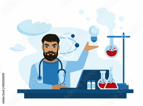 The doctor sits at the table and enters the analysis data into a laptop. A researcher conducting research on the DNA molecule. Scientific and medical concept. Vector illustration in a flat style