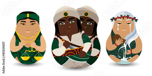 Tilting Toy. A series of female characters of the horoscope with the astrological elements of air: Gemini, Libra and Aquarius. Collectible astrological characters in a cartoon flat design