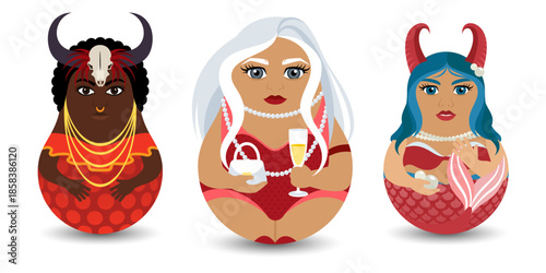 Tilting Toy. A series of female characters of the horoscope with the astrological elements of earth: Capricorn, Taurus and Virgo. Collectible astrological characters in a cartoon flat design