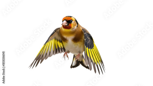 Obraz na plátně Isolated Goldfinch with outstretched wings in flight, preparing to land in natur