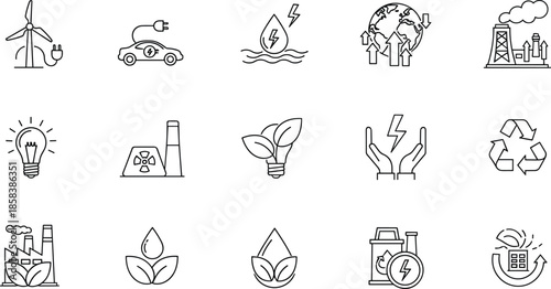 Renewable energy and sustainability line icons set featuring green power, clean technology, eco industry, recycling, climate change, and environment concepts