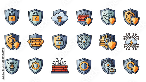 Collection of security shield icons representing digital protection and safety.
