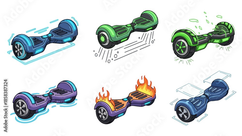 Collection of six colorful hoverboards with different effects.