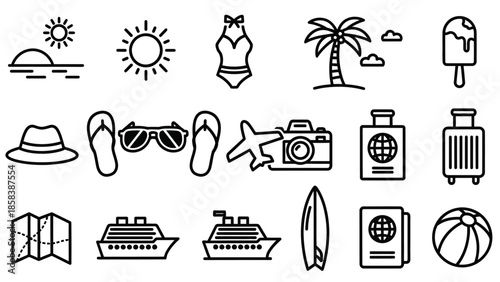 Collection of summer travel and vacation icons set.