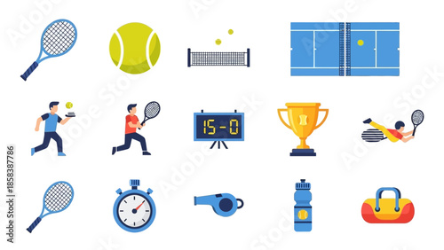 Collection of Tennis Sports Equipment and Icons.
