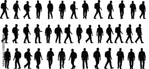 Set of male walking silhouettes with backpacks showing casual urban movement isolated on white background for travel lifestyle and people design projects