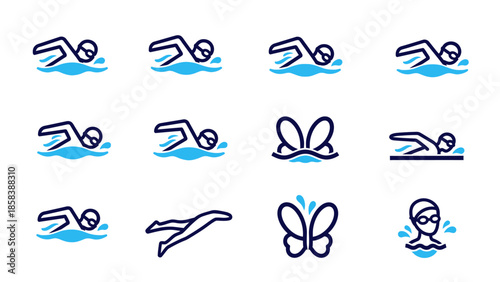 Collection of swimming icons and symbols representing different strokes and actions.