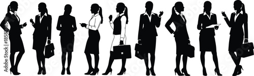 Elegant businesswomen silhouettes standing and posing with briefcases isolated on white background representing professional corporate female leadership concept