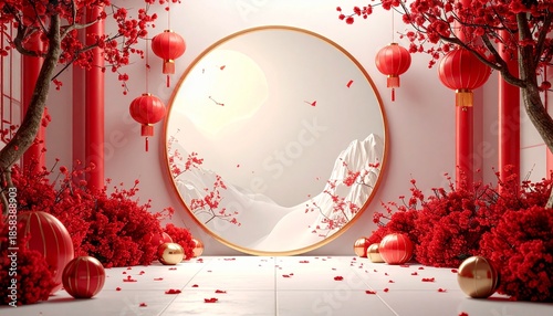 Lunar New Year decoration. Chinese New Year background. Red lanterns and flowers. Gold accents. White and red room. Round mirror. Cherry blossom. Festive scene. Celebration setup. Vector