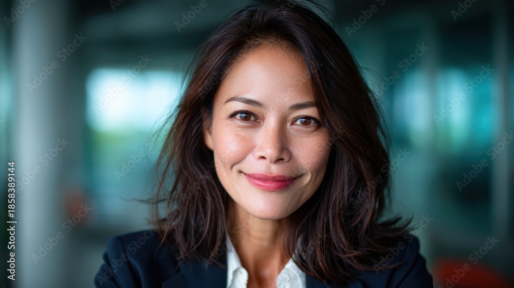 custom made wallpaper toronto digitalA confident young woman showcases a warm smile in a brightly lit environment, embodying positivity and modern beauty in a professional and approachable manner.