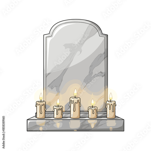 Marble gravestone with burning candles flat illustration on white background