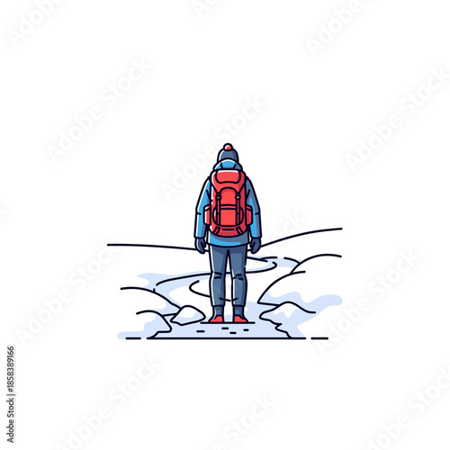 Backpacker walking snowy trail flat illustration on white background