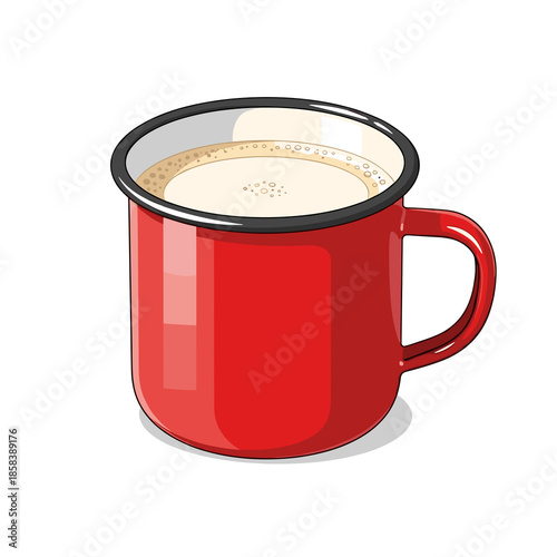 Hot milk in red enamel mug flat illustration on white background