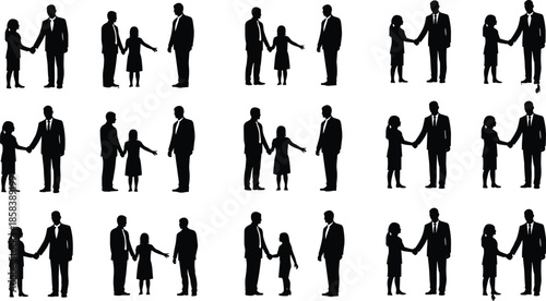 Business people silhouette set showing adults and children shaking hands, formal meetings, partnership gestures, trust, agreement, and professional relationships isolated