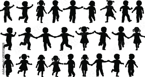 Children silhouette set showing kids holding hands, running, walking, and playful friendship poses, joyful childhood activity collection isolated on white background