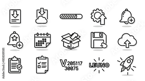 Collection of various black and white line icons representing different digital concepts and actions.