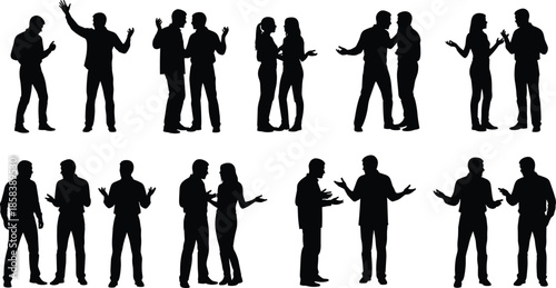 People silhouette set showing men and women talking, discussing, arguing, explaining ideas, and social communication gestures isolated on white background