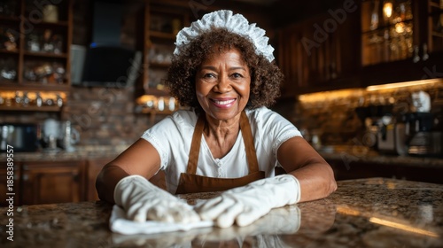 A smiling woman in a cozy kitchen is diligently cleaning the countertop, showcasing an inviting atmosphere filled with warmth, hospitality, and a touch of homey charm.
