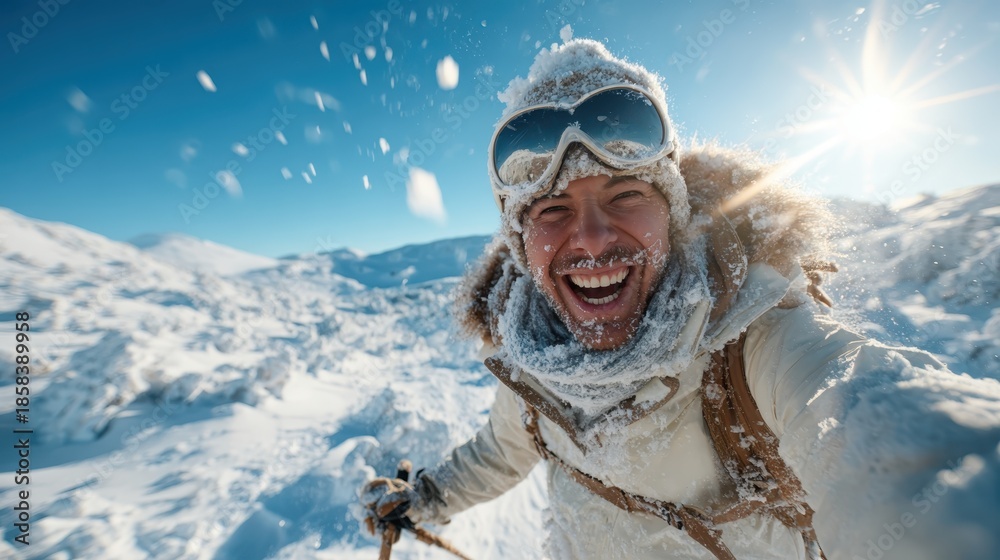 Fototapeta premium A smiling skier laughs amidst the snowy peaks, capturing the essence of joy and adventure in a winter landscape filled with snow and bright sunlight illuminating the scene.