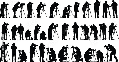 Photographer silhouette set showing professional cameramen filming and shooting with tripods in various working poses isolated on white background