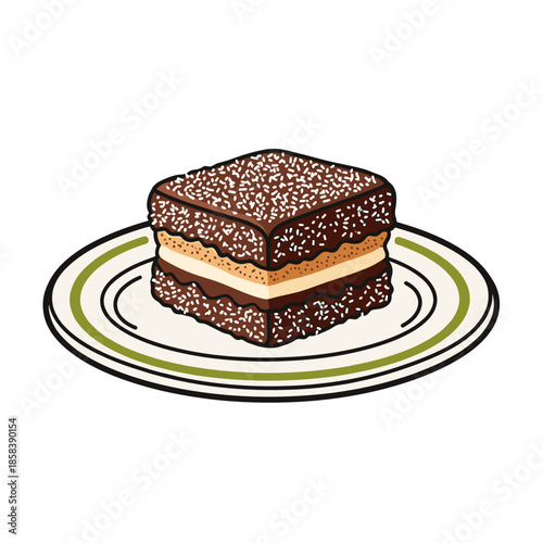 Single lamington dessert on plate with green-gold rim  