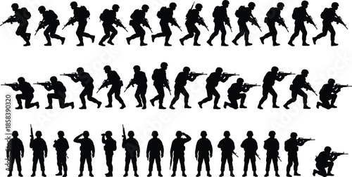 Soldier silhouette sequence illustrating military patrol, combat movement, aiming, standing, and tactical action poses isolated on white background
