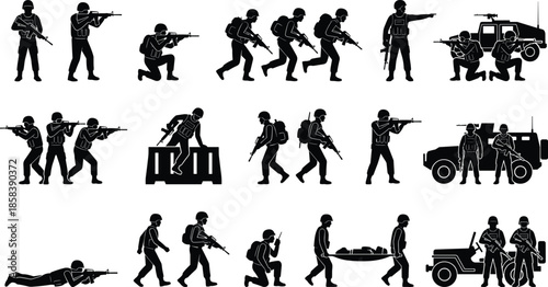 Military soldier silhouette collection showing armed infantry patrols, combat tactics, rescue operations, and tactical movements with vehicles isolated