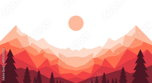 A captivating minimalist illustration depicts a layered mountain landscape in warm red and orange gradients, featuring silhouetted pine trees and a simple sun.