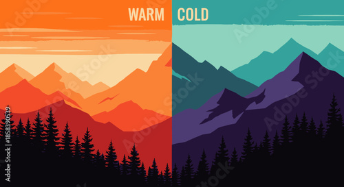 This vibrant graphic illustration contrasts a warm, orange mountain landscape with a cool, blue-purple scene, highlighting environmental duality and temperature differences.