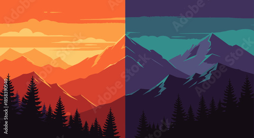 A captivating minimalist illustration contrasts a warm mountain range at sunrise with a serene, cool night landscape, highlighting nature's duality.