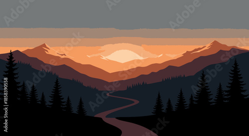 A captivating pixel art illustration showcases a tranquil sunset over majestic mountains, with a winding river path leading through a dark pine forest.