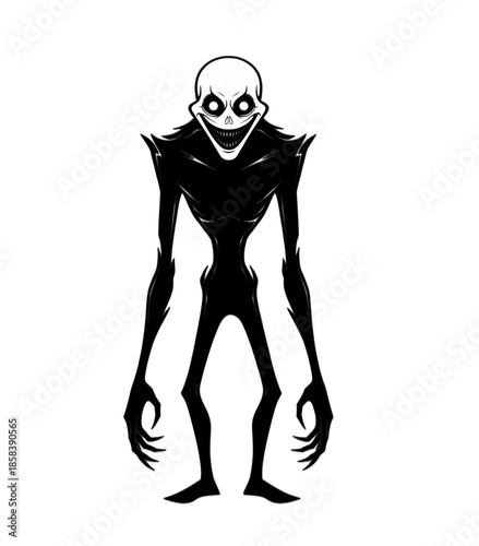 Creepy Skull Monster Illustration with Dark Silhouette and Sinister Expression Representing Horror, Mystery, Fear, and Fantasy Art.
