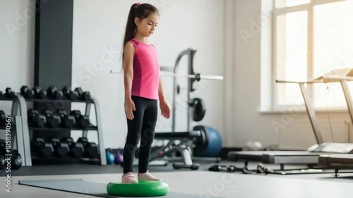 Young athletic girl with focused mood standing during fitness training against bright gym interior with copy space