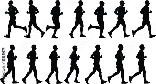 Running man silhouette sequence showing jogging and walking motion phases, athletic fitness activity poses isolated on white background