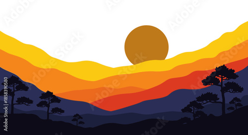 This stunning minimalist illustration captures a serene sunset or sunrise over layered mountain ranges, featuring warm gradients and dark silhouetted trees.
