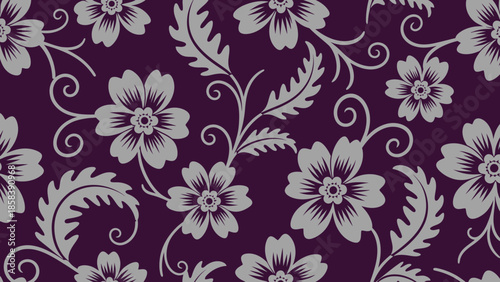 Seamless floral pattern with a dark purple background and intricate grey flower and leaf designs