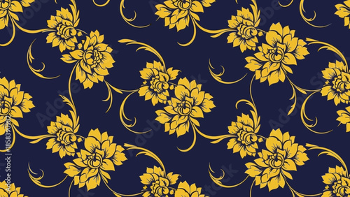 Seamless floral pattern with a dark purple background and intricate grey flower and leaf designs