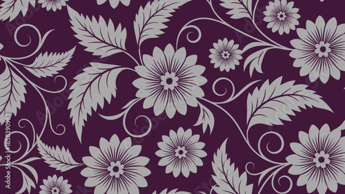 Seamless floral pattern with a dark purple background and intricate grey flower and leaf designs
