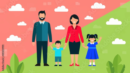 A happy family portrait showing parents and their two children standing together in a stylized outdoor setting