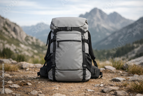 Hiking Backpack on Rocky Ground with Mountain Landscape Outdoor Adventure Concept