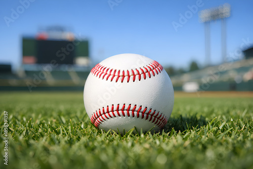 Baseball on Green Grass Field with Stadium Background Sports Concept