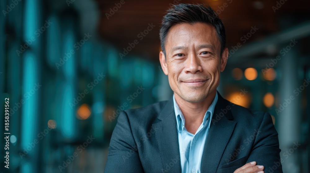 Obraz premium A smiling businessman stands confidently in a bright, modern office environment, showcasing professionalism and approachability in a well-designed workspace filled with light.