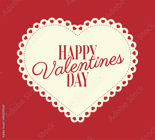 Elegant "Happy Valentine's Day" typography inside a cream lace heart on a bold red background. A classic, romantic vector design perfect for greeting cards, invitations, and holiday love notes.
